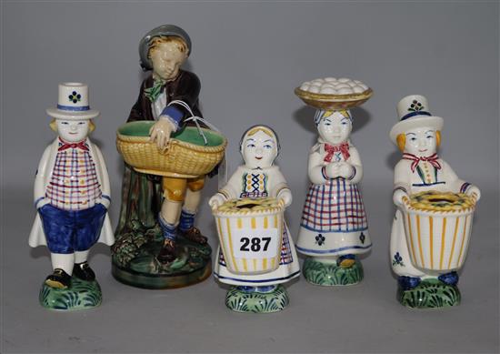 A Minton majolica figural salt and four Alumina figures
